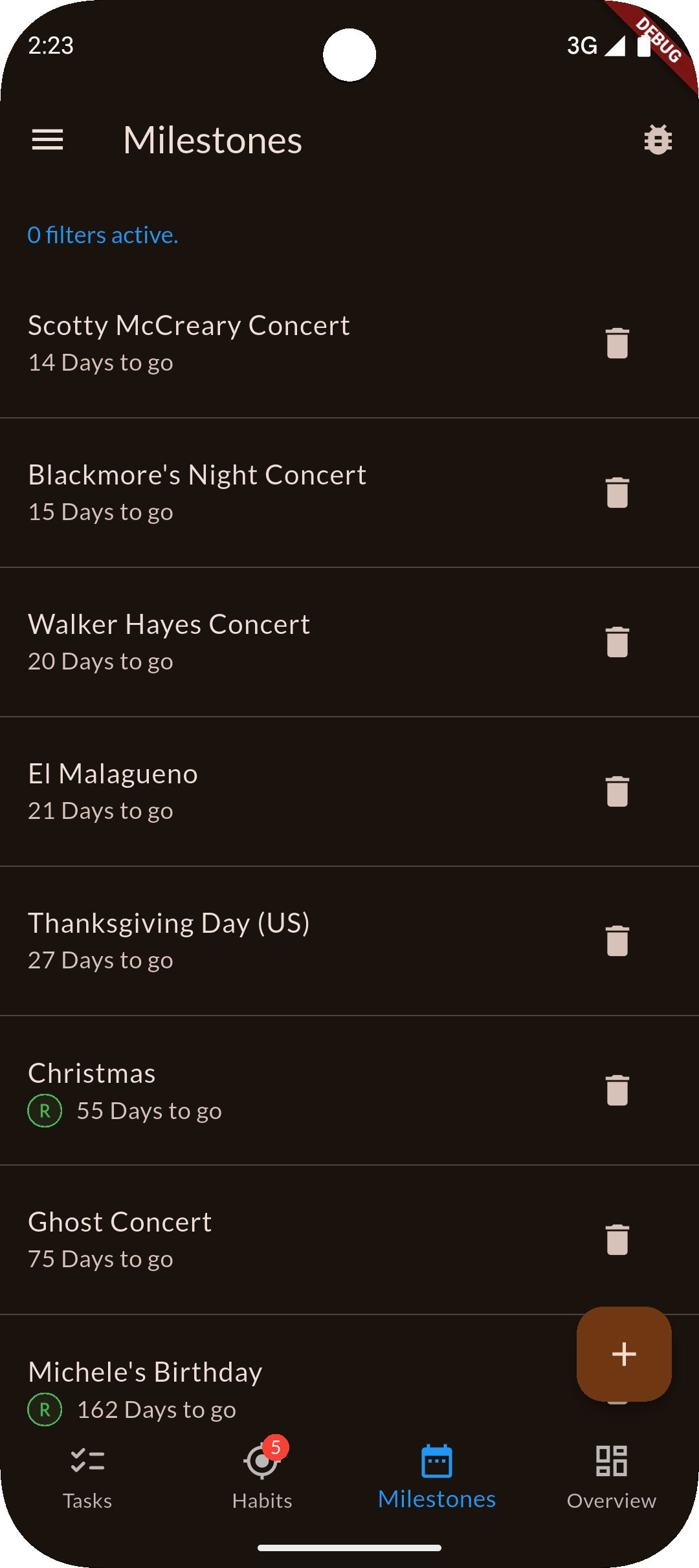 HabitBliss app Milestones page in dark mode showing a list of milestones with progress indicators, organized in a clean and modern interface. The background is dark with light text for high contrast. The visible text includes milestone names and completion status. The overall tone is focused and productive, designed to help users track their progress effectively.